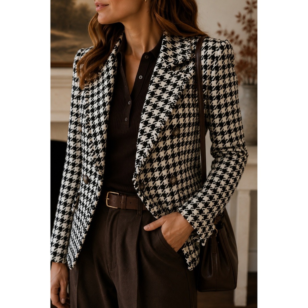 Veronica Beard Taje Dickey Jacket Houndstooth Tweed Blazer Black White 4